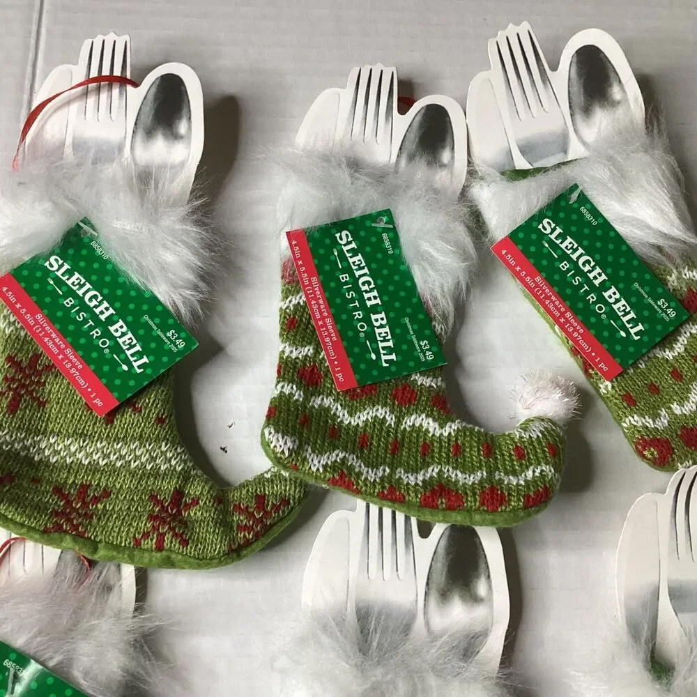 Sleigh Bell Bistro Christmas Knit Silverware Holder Stockings Set of 10 New